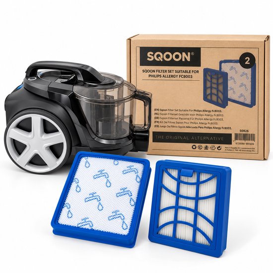 SQOON-filterset in doos met bijbehorende Philips-stofzuiger. Blauwe filters met wasbaar patroon.