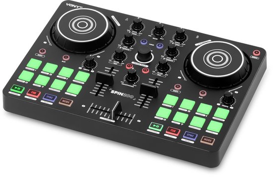 Schuin aanzicht van zwarte Vonyx Spin200 DJ-controller met symmetrische lay-out en gekleurde pads.