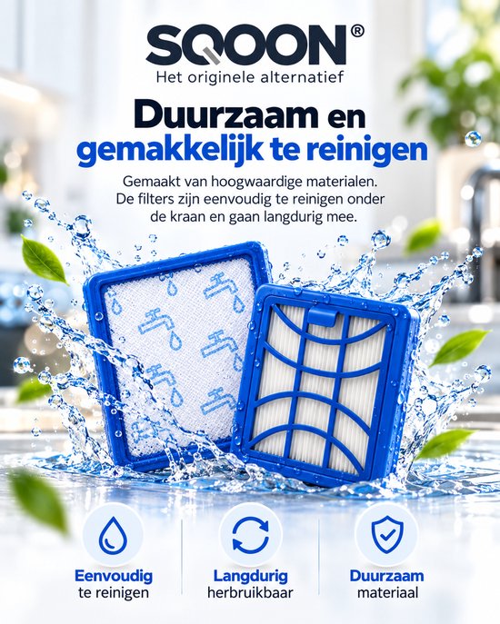 Twee blauwe SQOON-filters in opspattend water, wat aangeeft dat ze eenvoudig onder de kraan te reinigen zijn.