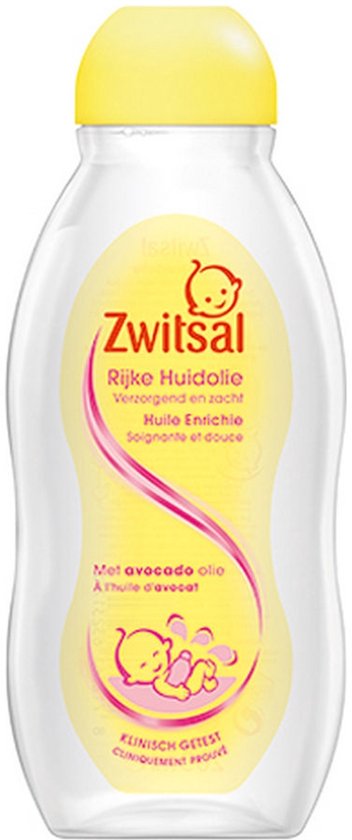 Transparante fles Zwitsal Rijke Huidolie met gele dop, avocado-olie, en illustratie van een baby.