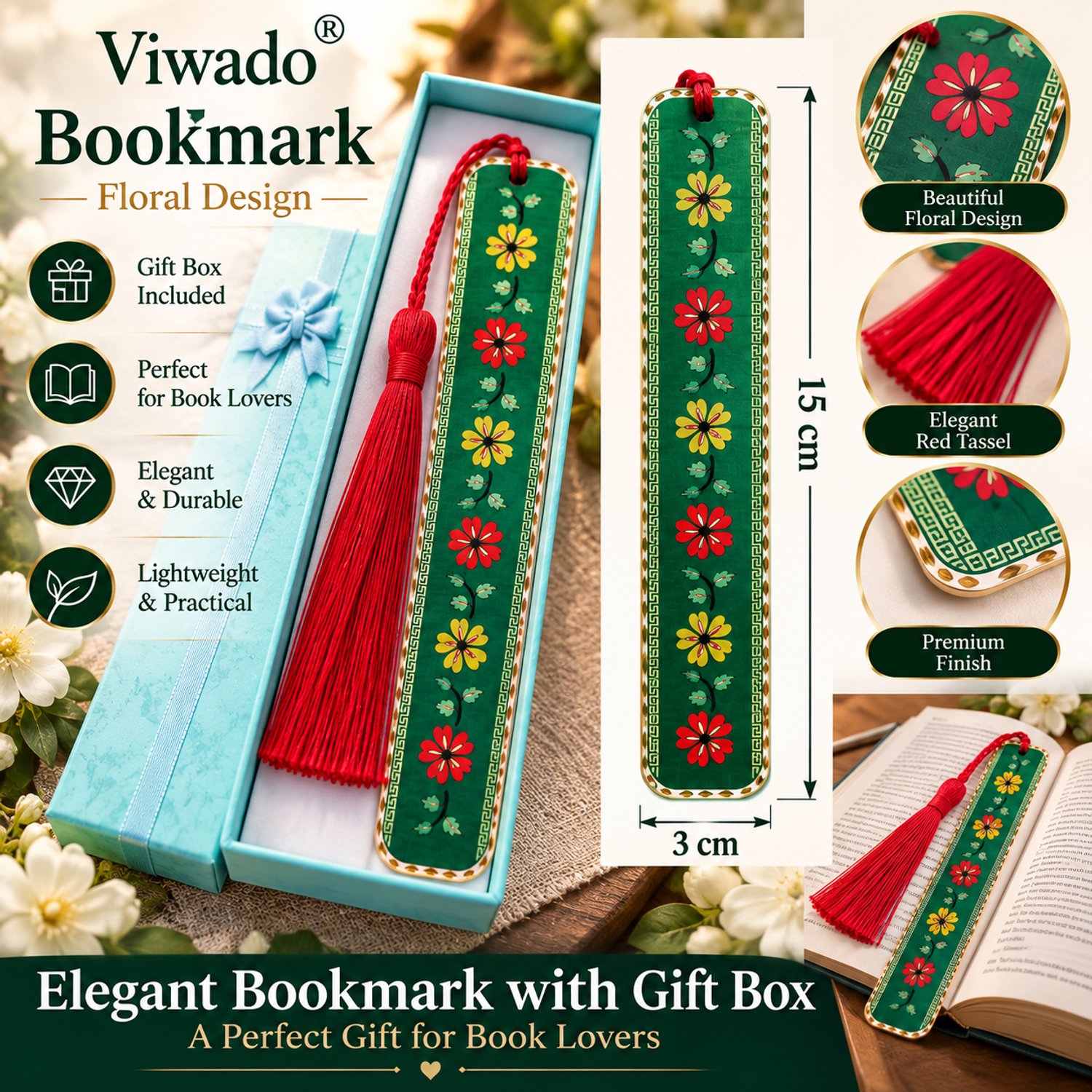 Viwado® 15 × 3 cm Handgemaakte Bloem Boekenlegger met Rode Kwast, Elegante Groene koperen Boekenmarkeerder met Geschenkdoos, Decoratieve Leesaccessoire voor Boekenliefhebbers
