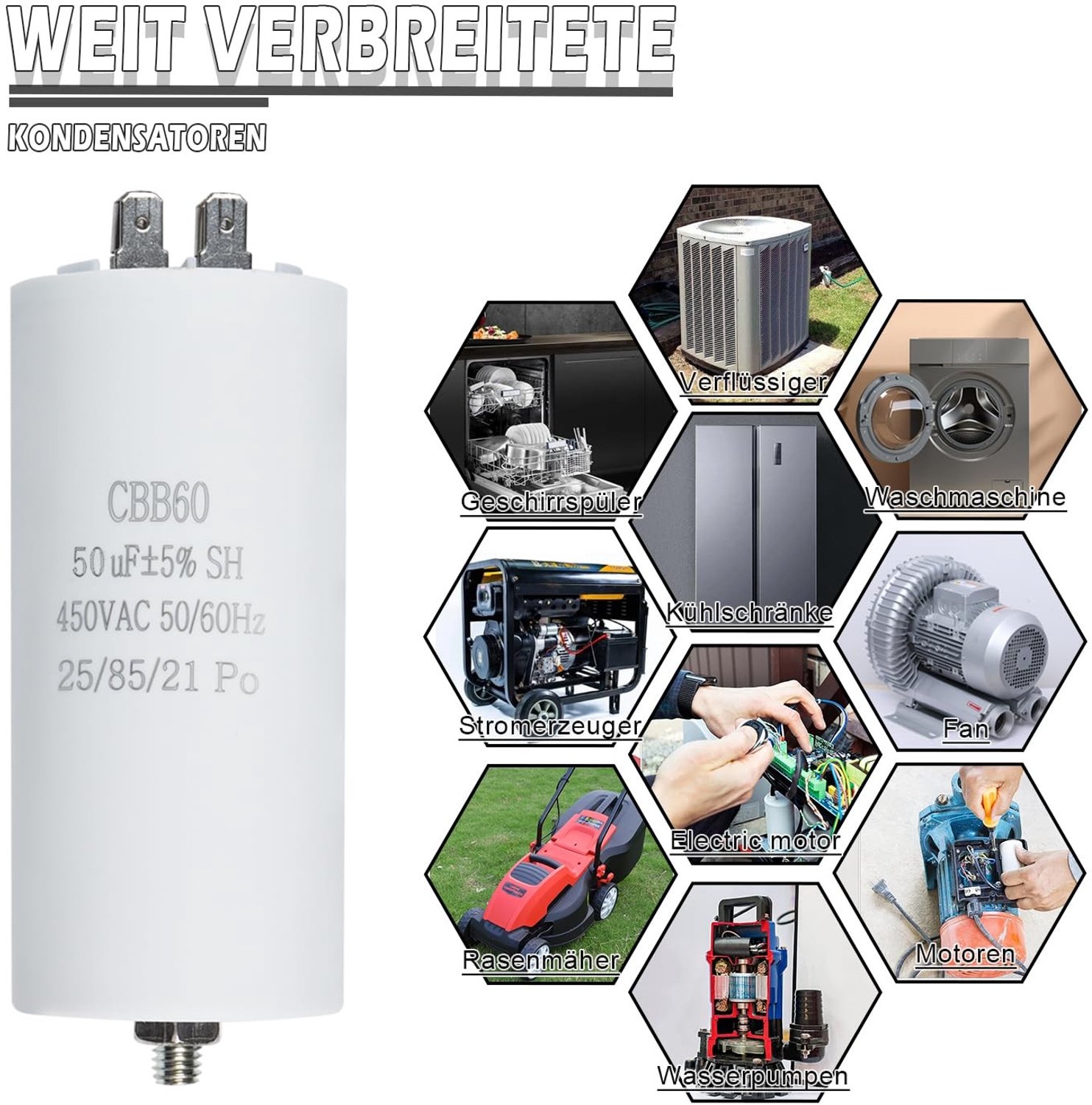 Motorcapacitor 50µF 450V voor elektrische motoren - Startcapacitor 50/60Hz met M8 plug