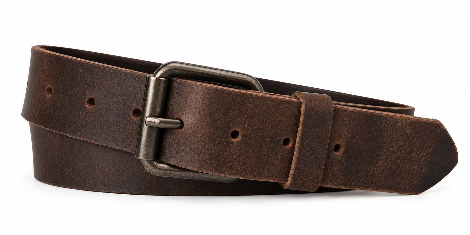 Bruine Leren Riem 4 cm – Buffelleer – Dames & Heren – Donkere Rolgesp - Riemmaat: 95cm (totale lengte 110cm) - Broekriem - Jeansriem