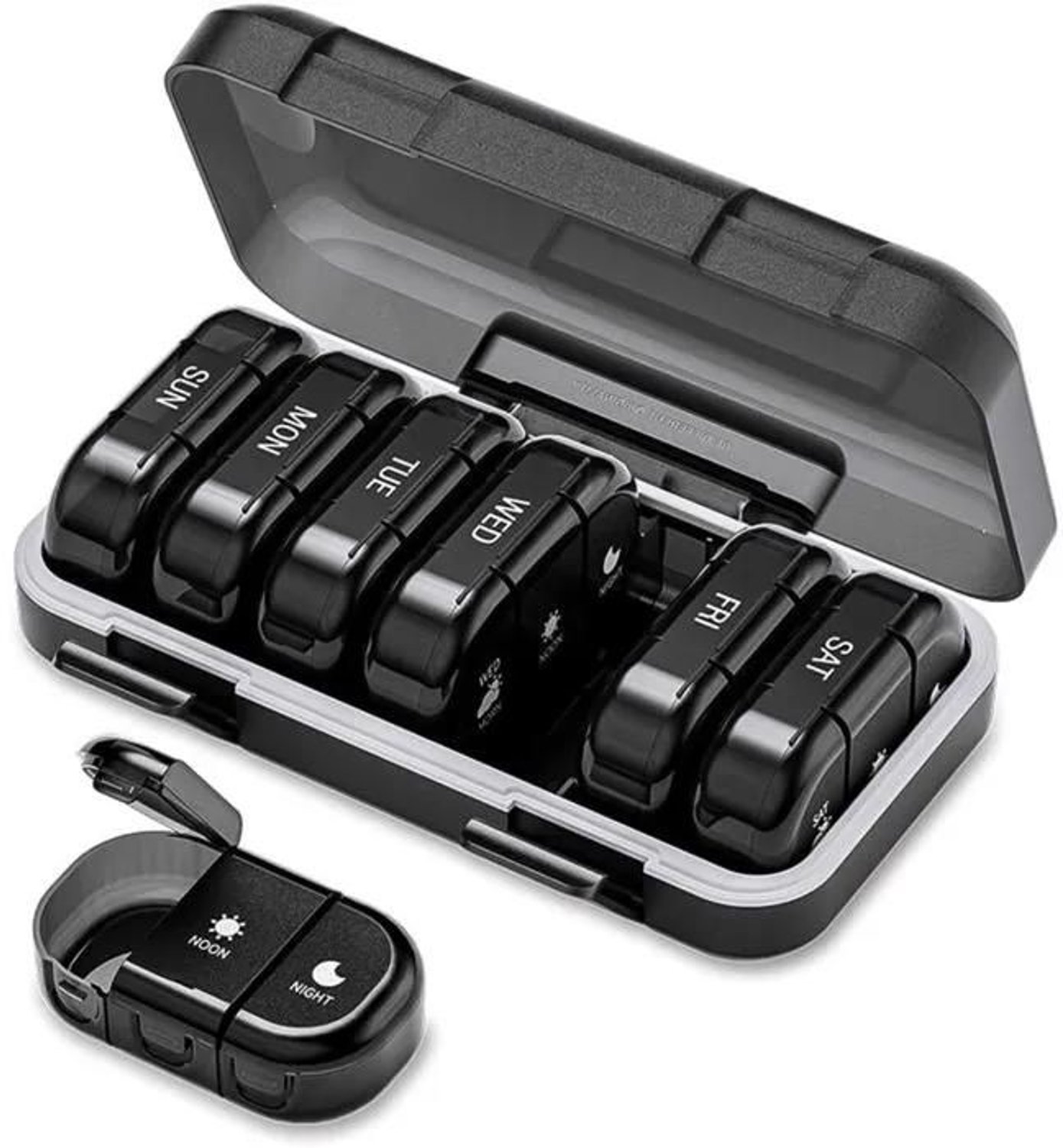 Pillendoosje voor een week, driemaal daags, 21 vakjes, draagbaar en waterdicht, zwart.