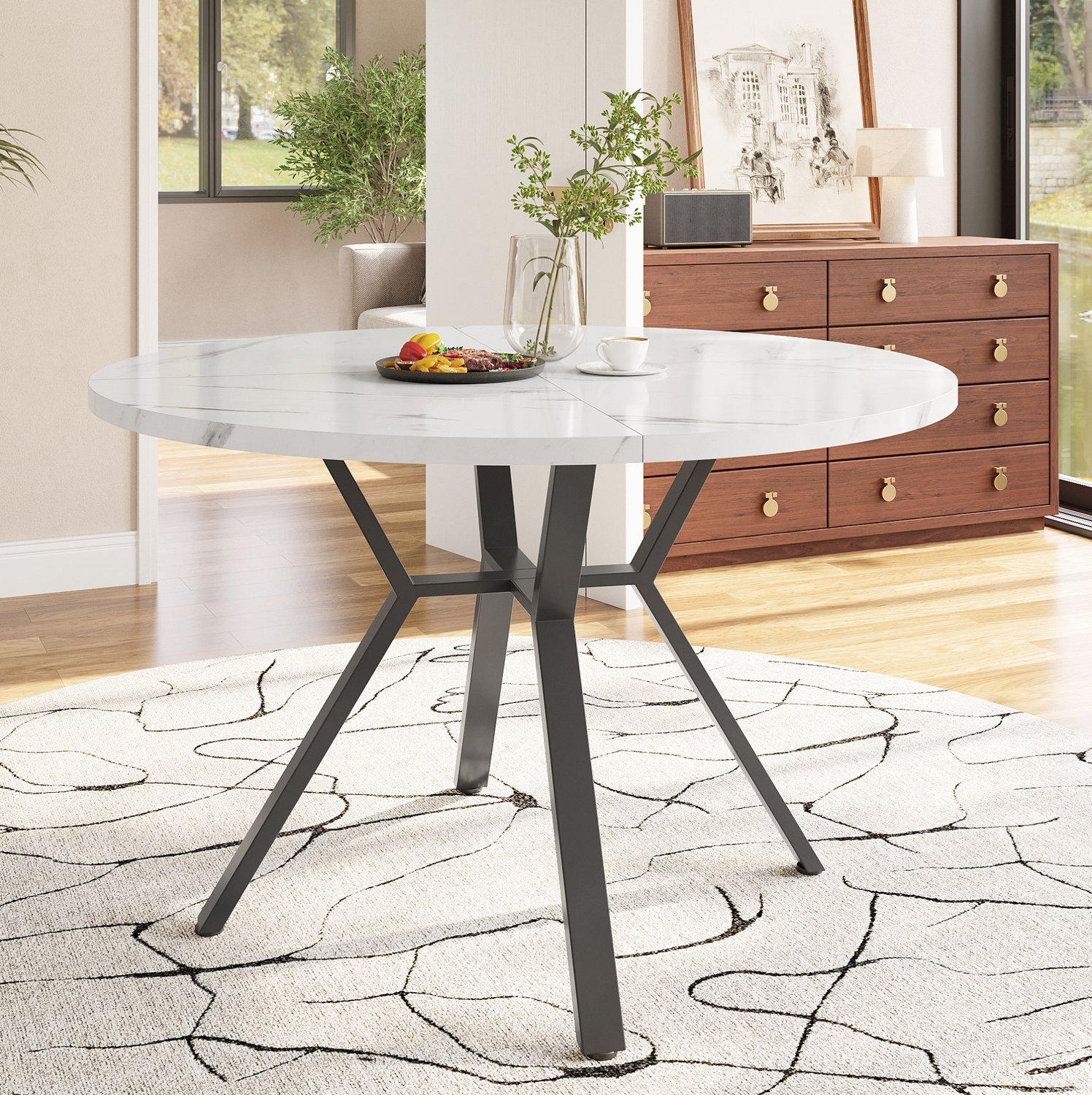 CHICFURN Eettafel - Ronde tafel - X-poot - Zwart wit