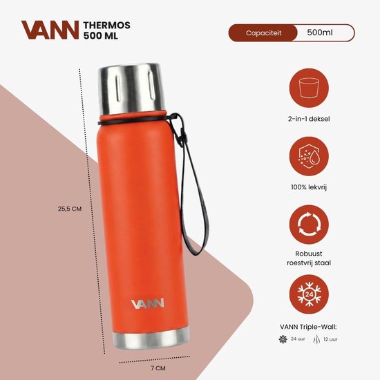 VANN® Kleine Thermoskan 500 ML – 3-Wandige RVS Thermosfles voor Koffie & Thee – 2-in-1 Dop als Beker – 100% Plasticvrij – Oranje – VANN Ritual Thermos® — cadeau in Koken & Dineren - foto 2