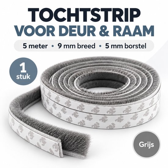 Grijze 3M tochtstrip van 5 meter lang, geschikt voor deuren en ramen.