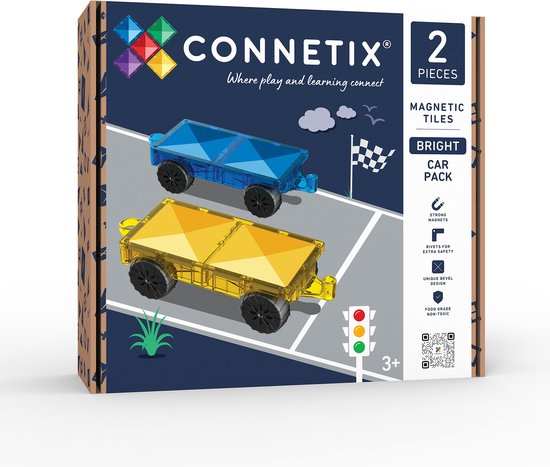 Connetix Bright Car Pack doos met twee magnetische auto-onderstellen.