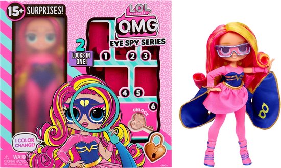 LOL OMG Eye Spy doos met pop en accessoires zoals een bril, kam en hartvormig slot.