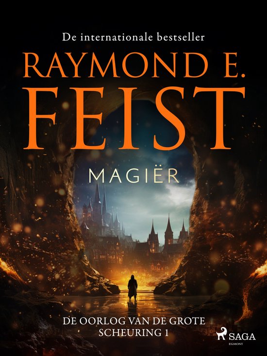Boekomslag van Magiër door Raymond E. Feist met een figuur die naar een kasteel kijkt door een magische opening.