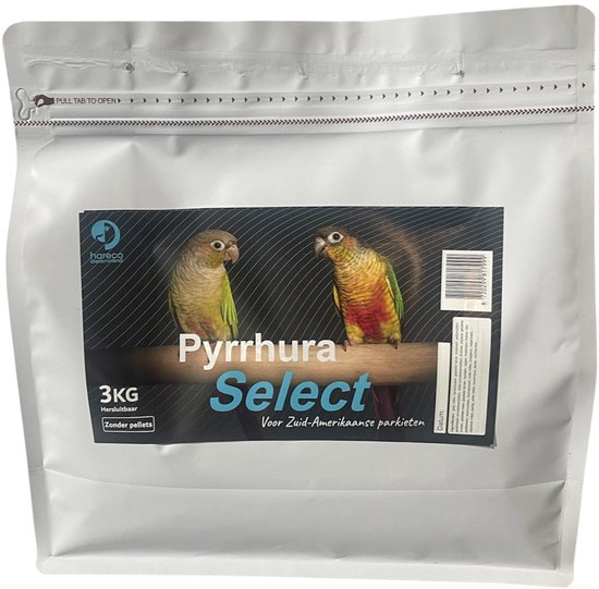 Hersluitbare zak Hareco Pyrrhura Select vogelvoer van 3 kg met afbeelding van twee Pyrrhura parkieten.