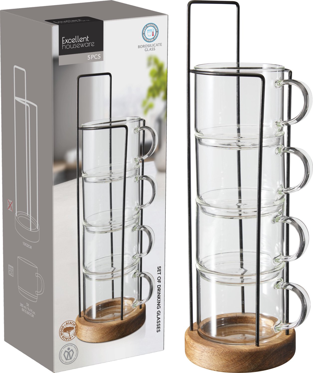 Cilgro theeglas borosilicaatglas 280ml set van 5 kleurrijk kinderservies.