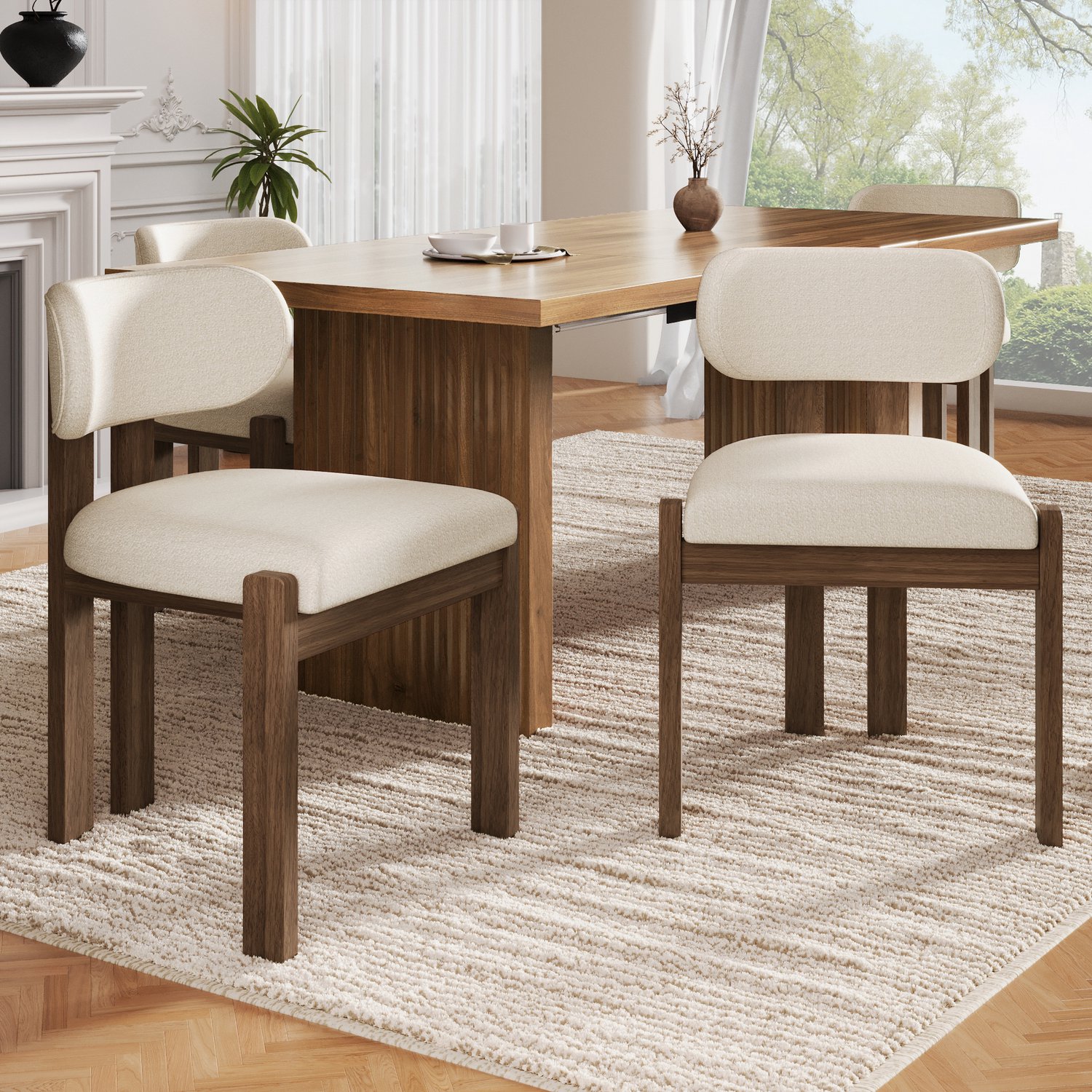 Clruro Eetkamerstoelen - Set van 4 - Ergonomisch - Gestoffeerd - Massief Hout/Bouclé - Walnootkleur