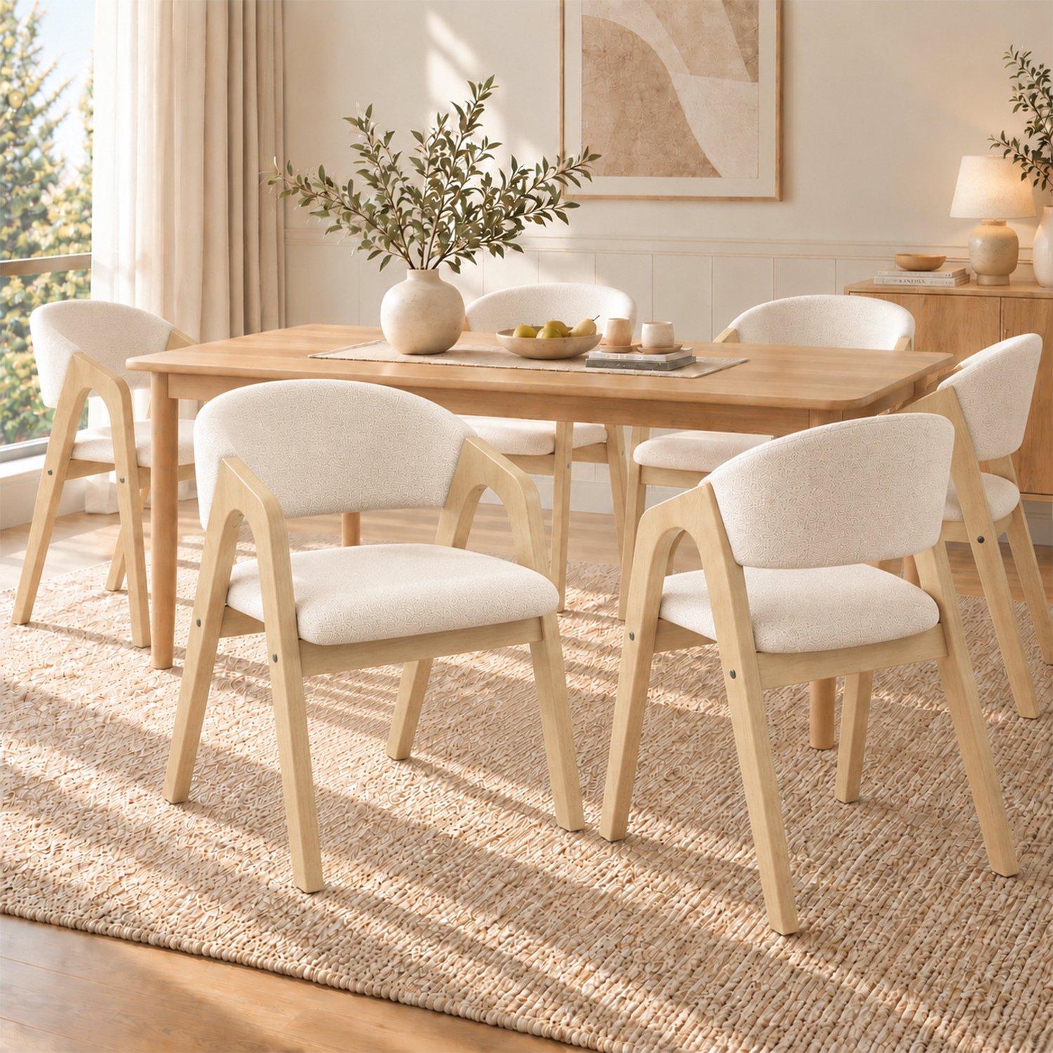 Clruro Eetkamerstoelen - Set van 6 - Gestoffeerd - Ademend - Massief Hout/Linnen - Naturel/Beige