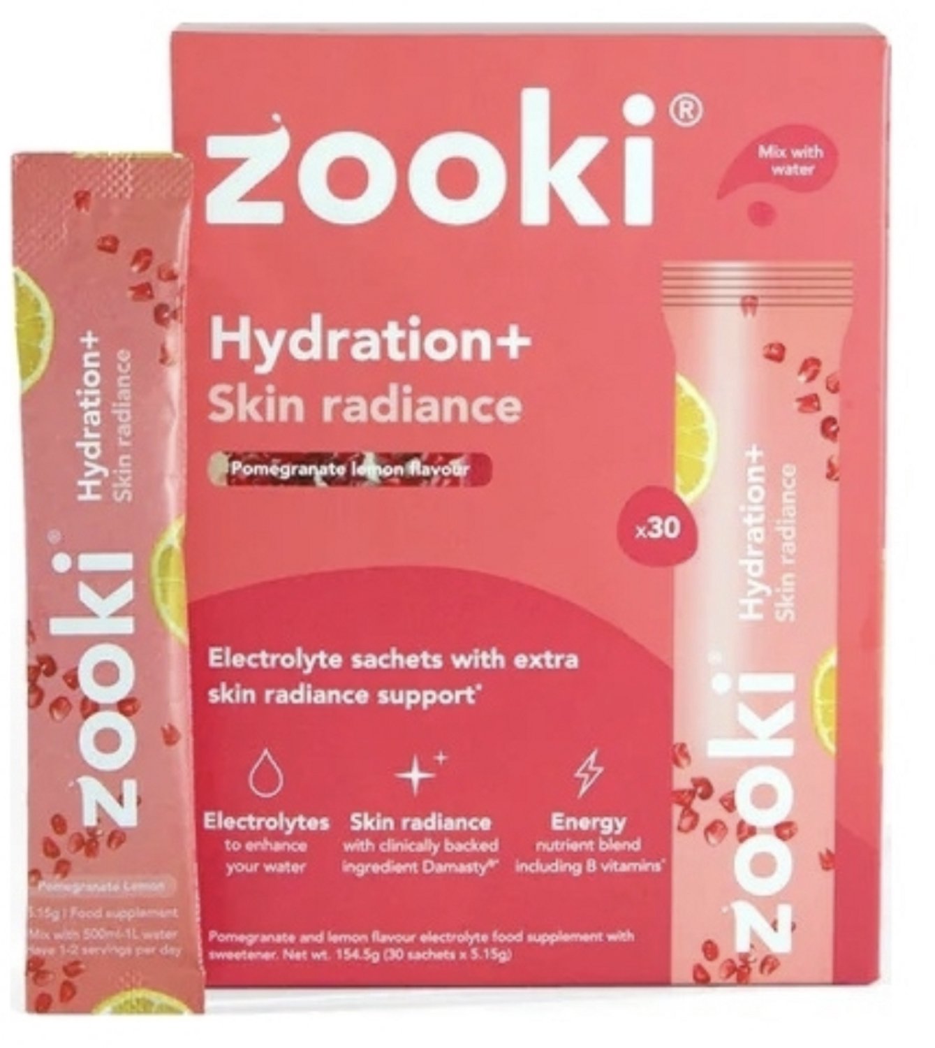 Zooki Hydration+ Skin Radiance Pomegranate and Lemon Flavour 30 x 5.15 Gram Sachets