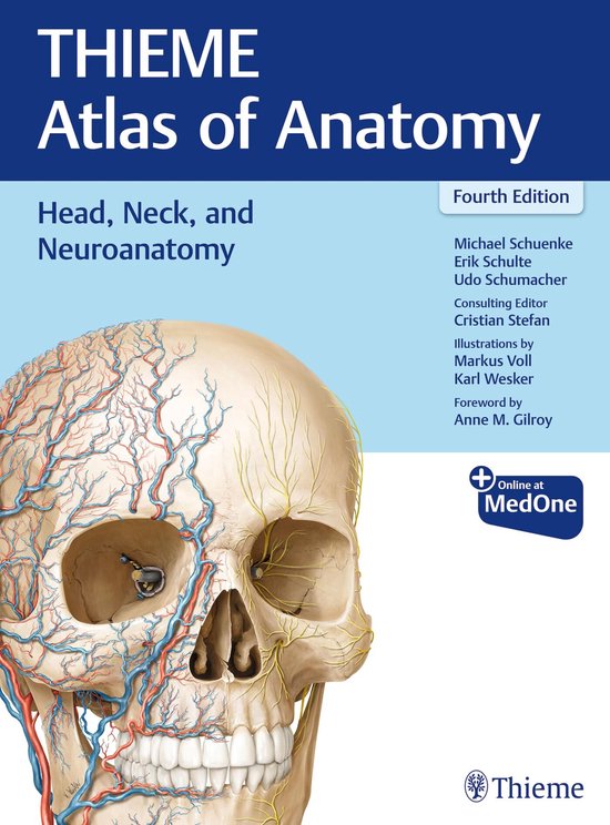 Boekomslag 'Thieme Atlas of Anatomy' met anatomische schedelillustratie, zenuwen en bloedvaten.