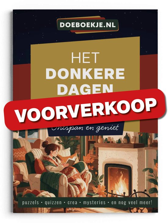 Boekomslag van 'Het Donkere Dagen Doeboek' met een rode 'VOORVERKOOP' banner eroverheen.