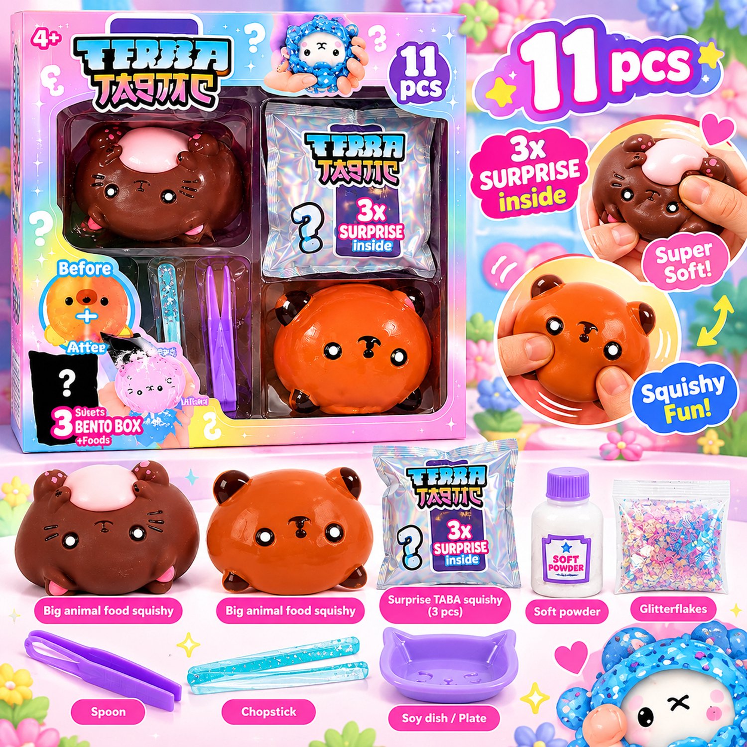 TABA TASTIC Squishy Set – 11-delig – 3 Verrassingen – DIY Bento Box Speelset – Squishy Dieren – Creatief Speelgoed – Vanaf 4 Jaar