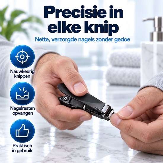 Zwarte nagelknipper in gebruik voor precisieknipwerk met opvangbakje voor nagelresten.