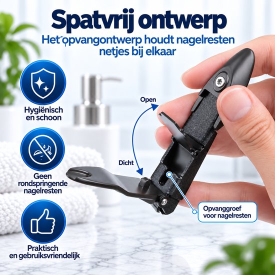 Spatvrij ontwerp van de zwarte nagelknipper met details over de openklapbare opvanggroef.