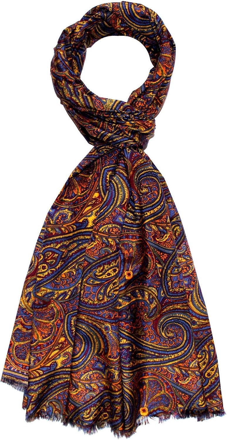 Luxe Katoen & Zijde Sjaal met Paisley Print - Blauw (70x190cm)
