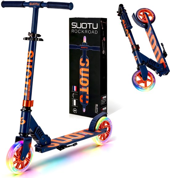 Blauw-oranje Suotu Rockroad step met inklapbaar frame en oplichtende wielen naast de productverpakking.