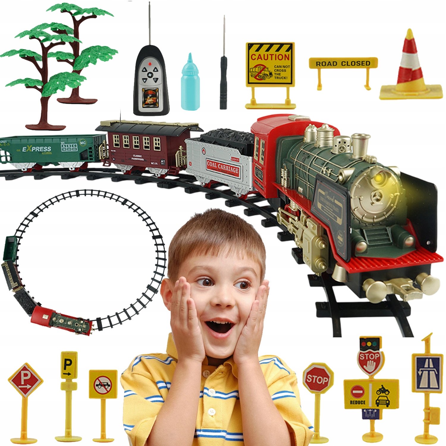 Retro Stoomtrein Set - Elektrische Treinset - RC Stoomlocomotief - Speelgoedtrein met Rails - Gesimuleerde rook - Geluid & Licht - Vooruit&Achteruit&Accelereren - Veilig ABS - Interactief Speelgoed - Voor Kinderen 4-7 Jaar