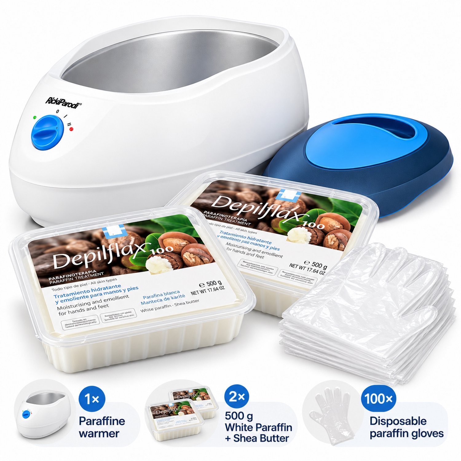 Paraffinebad Starterset Compleet – Paraffine Warmer + 2 x 500 g Witte Paraffine met Shea Butter + 100 Wegwerphandschoentjes – Voor Handen & Voeten