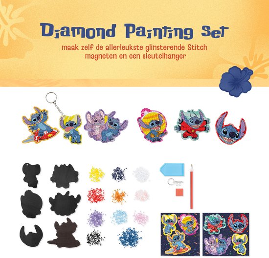 Diamond Painting Set: maak zelf Stitch-magneten en een sleutelhanger. Inclusief steentjes en gereedschap.
