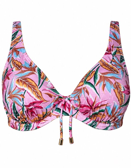 Roze bikinitop met tropisch bladmotief, beugels en een strikdetail met goudkleurige uiteinden.