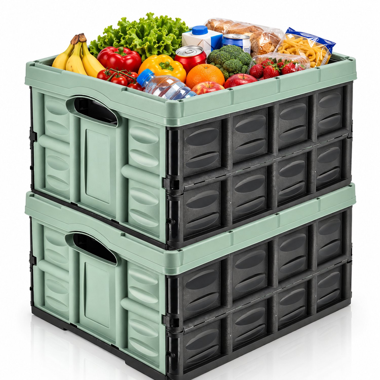 Vouwkrat 45 Liter – Set van 2 – Klapkrat – Opvouwbare Krat – Inklapbare Boodschappenkrat – Stapelbaar – 52,2 x 38,8 x 25,7 cm – Groen/Zwart
