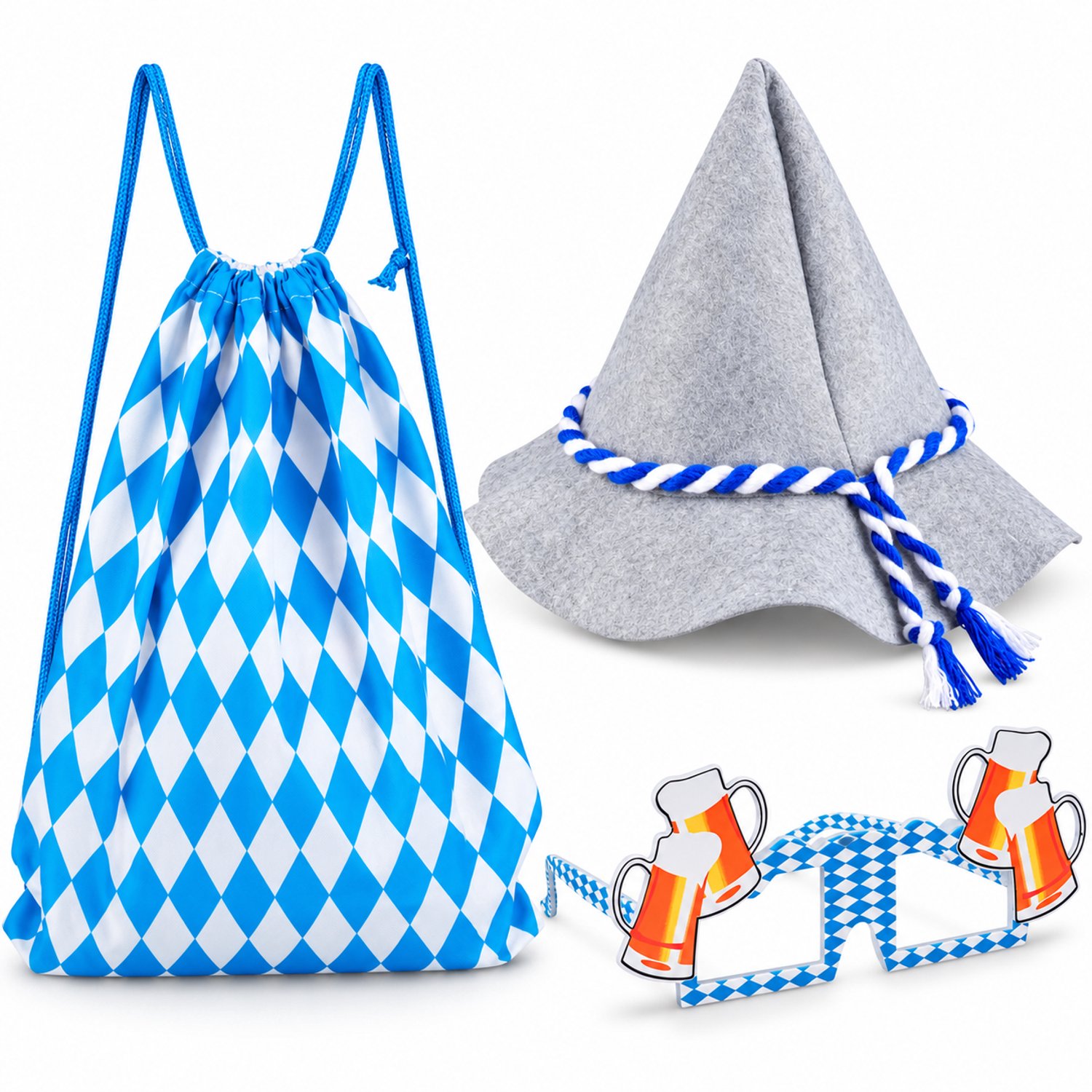 Oktoberfest Accessoireset Blauw Wit | Hoed, Bril & Rugzak