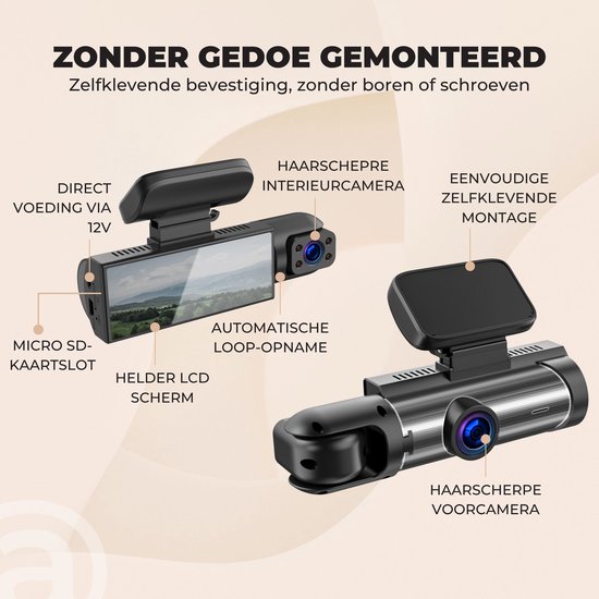 ADEL Dashcam voor Auto met 3 Camera’s, 1080P Full HD & Nachtzicht - WiFi & App - Voor, Binnen & Achter Camera - Incl. 32GB SD Kaart & NL Handleiding — afbeelding 2