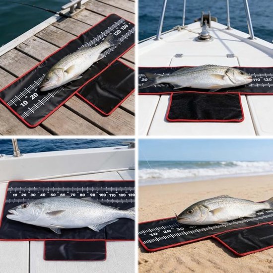Visvangstmat, 140 x 35 cm, karpervismat, vismat met meetlint, viskraammat, oprolbaar en gewatteerd, Geschikt voor sportvissers. — afbeelding 2