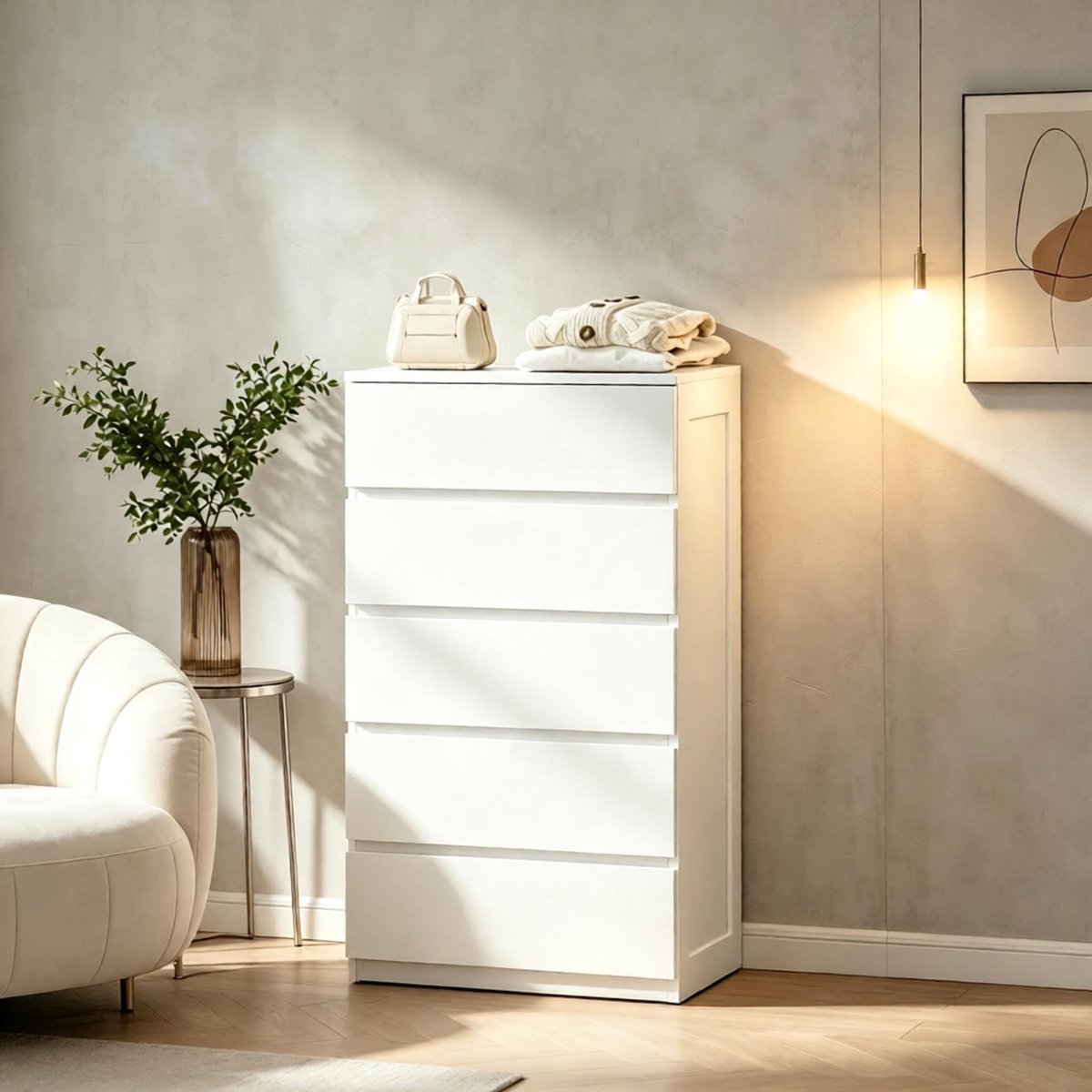 REDOM Ladekast - 5 lades - Grifloos - Modern - Woonkamer en hal - Spaanplaat - Wit - 60 x 39 x 100 cm - met antikiepbeveiliging