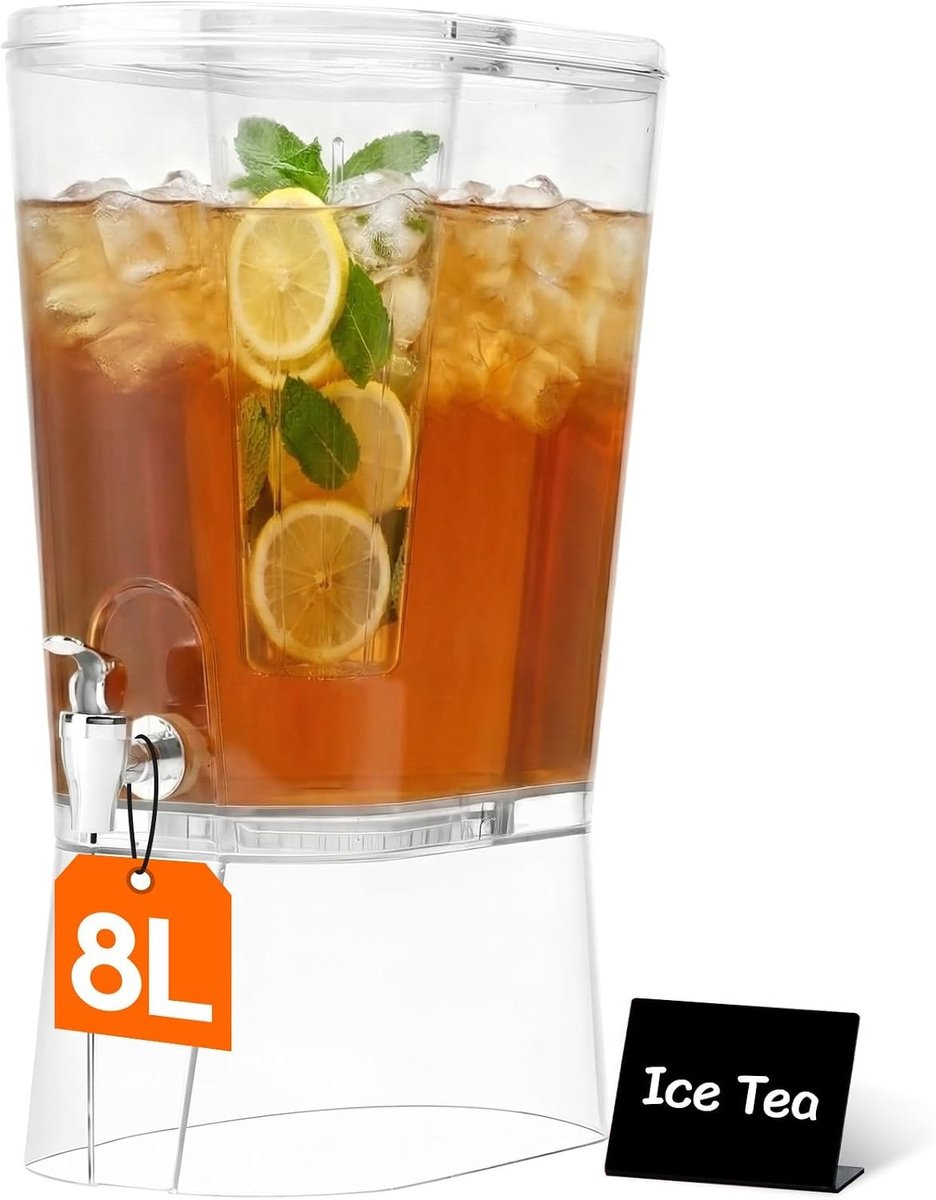 8 L Drinkdispenser met Kraan, IJs Cilinder en Uitschrijfbaar Bord - Perfect voor Lemonade, Sap en Water op Feesten en Buffetten, 1 stuk