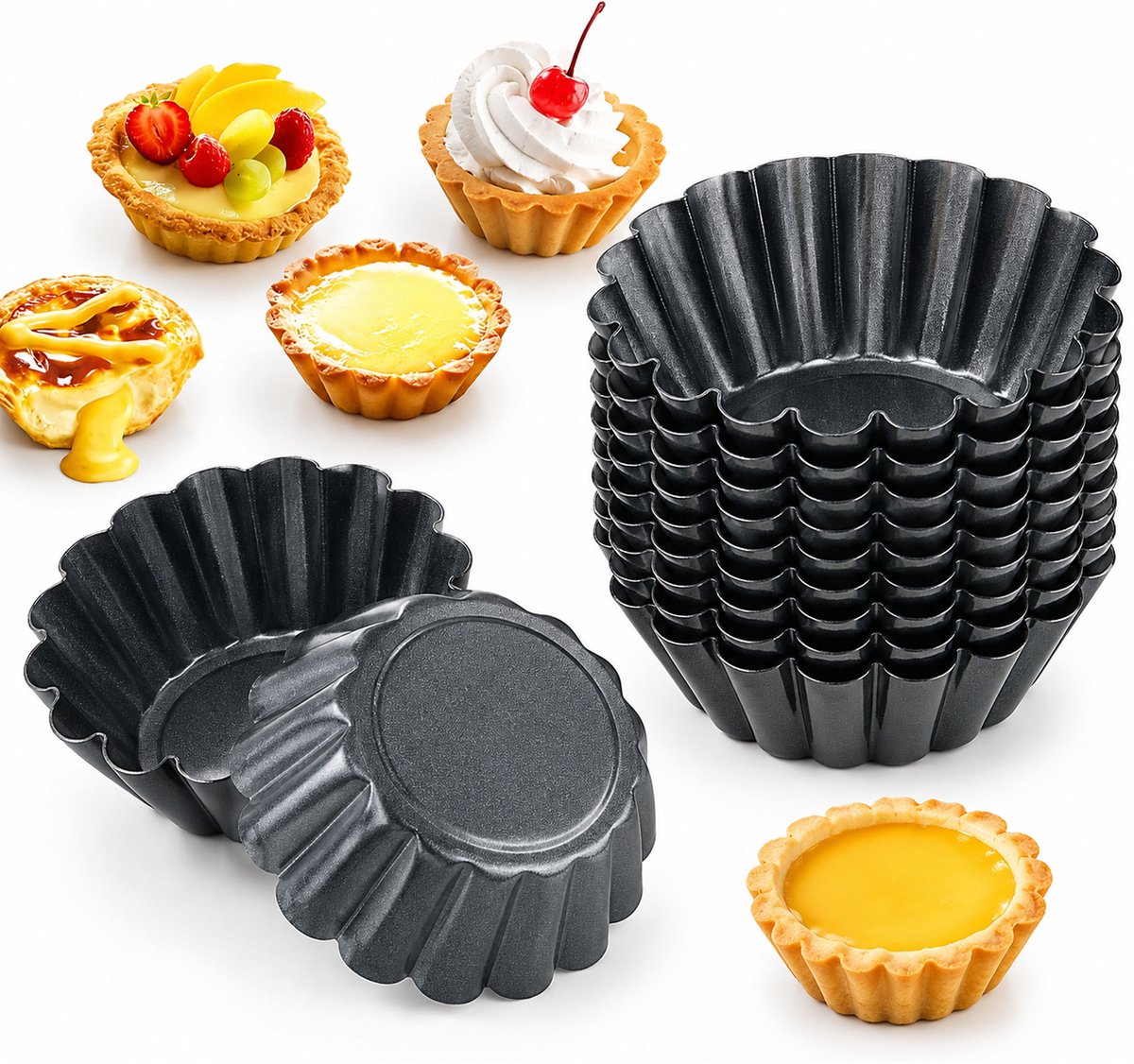 Kaiyaya - 12 stuks Mini taartvorm - 6,5 cm zwart - Anti-aanbak koolstofstaal - Met gladde randen - Voor quiche en eiertaartjes
