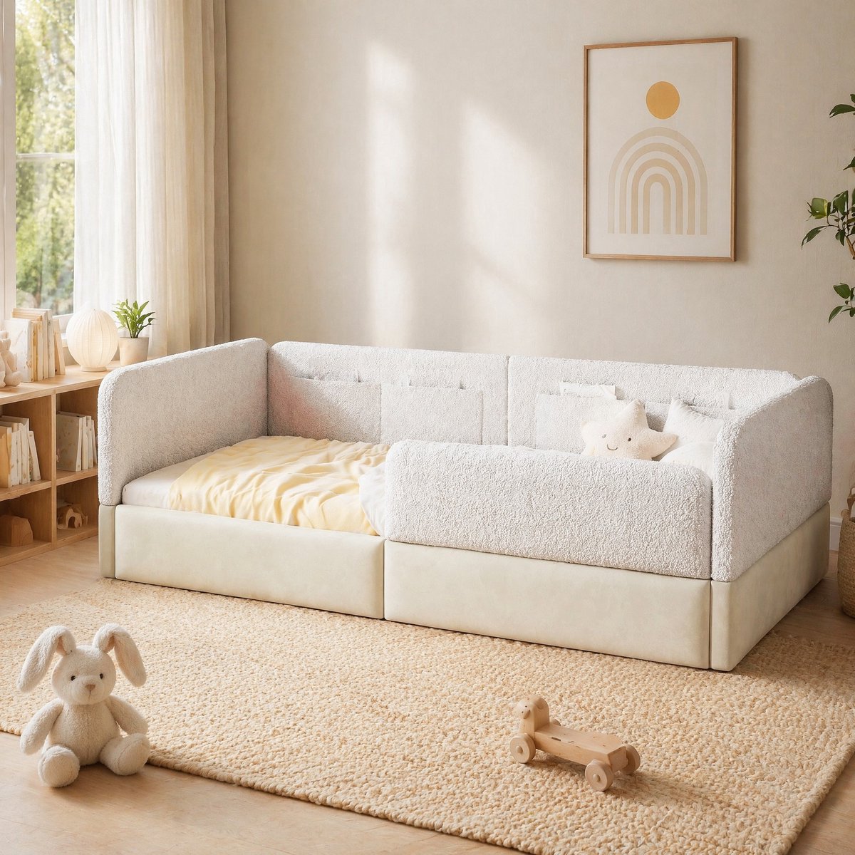 COVREO Platformbed met beschermingsrek – 90x200 cm – Bed van MDF en stof – voor kinderkamer en dagelijks gebruik – Wit - zonder matras