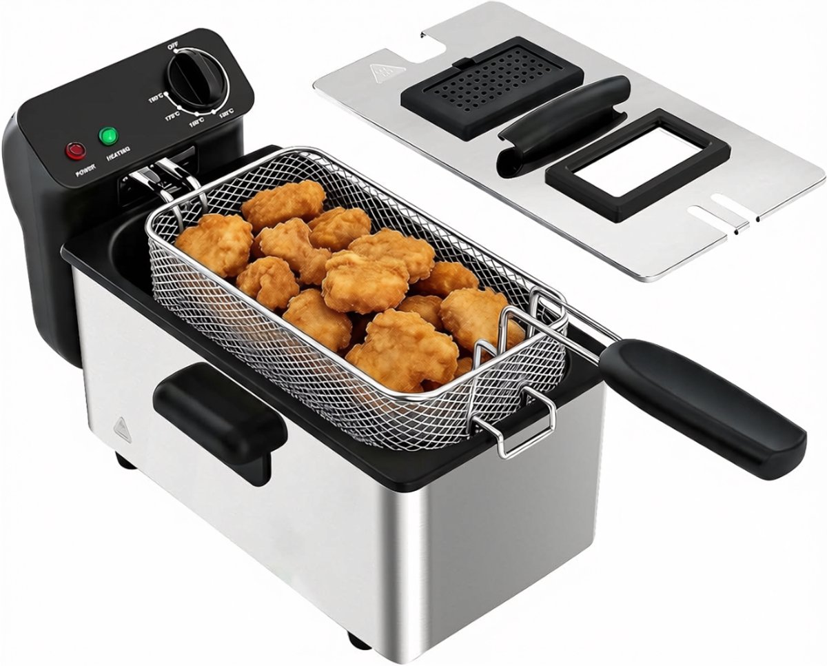 SNJY® Frituurpan - Friteuse - Frituurketel - Met Kijkvenster - 3L - 2000 W - Zilver