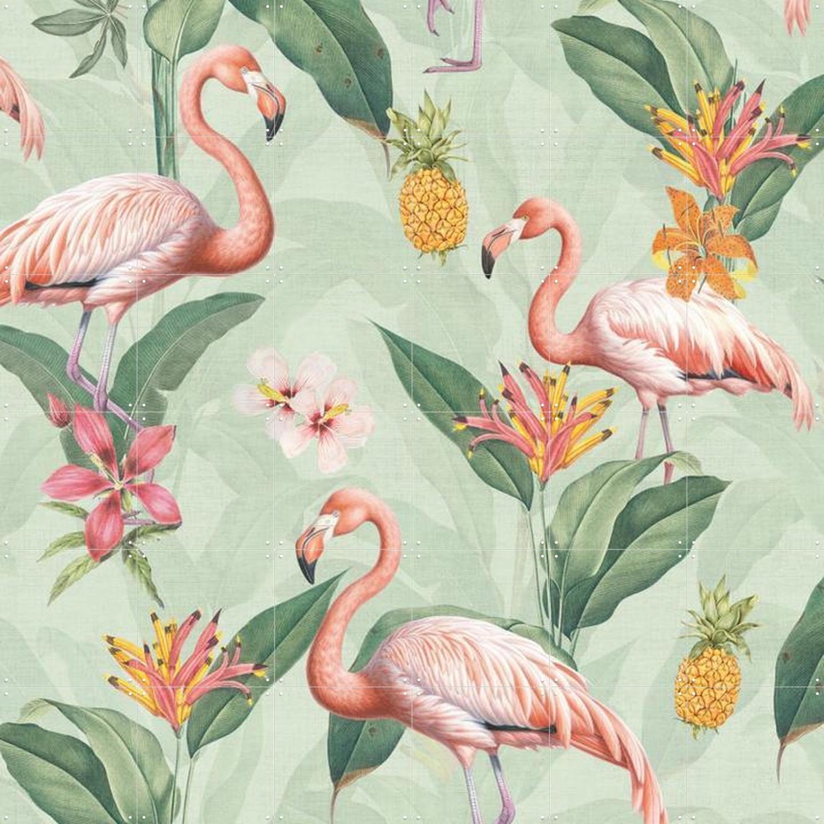 IXXI Tropical vintage flamingos and pineapples, Bloomery Decor - 120 x 120 cm - Gratis ophangtool - Grote wanddecoratie en posters