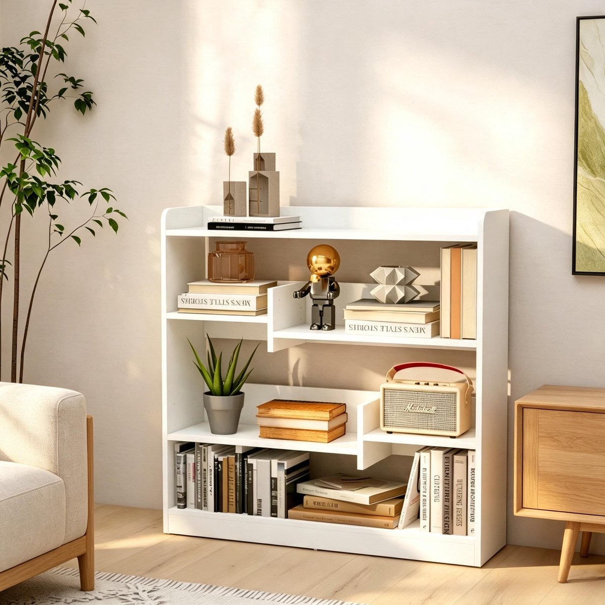 REDOM- Boekenkast - Open vakken - 4 niveaus - Ruimteverdelende opbergkast - Moderne stijl - Woonkamer, slaapkamer of kantoor - E1 spaanplaat - Wit - 90 x 24 x 91 cm