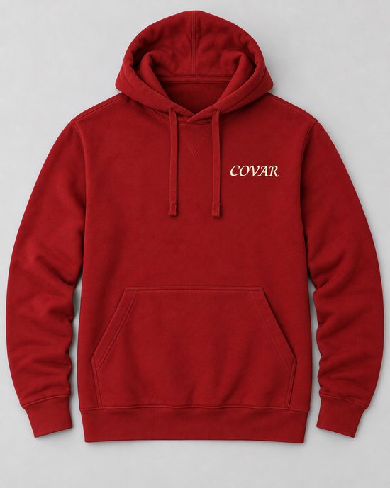 Rode hoodie met capuchon, COVAR logo op borsthoogte, buidelzak.