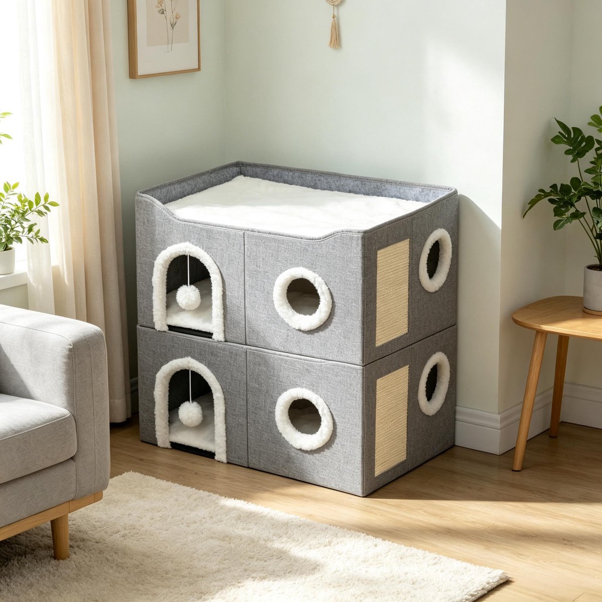 REDOM - Krabmeubel - Opvouwbaar kattenhuis met meerdere ingangen - Met krabvlak en hangend speelgoed - MDF en linnen - Voor 1 tot 2 katten - 60 x 40 x 34 cm