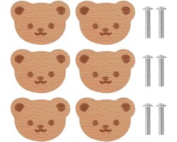Houten kastknoppen in Bear-vorm - 6-pack massief beuken ladehandgrepen met schroeven voor meubels, decoratie en renovatie