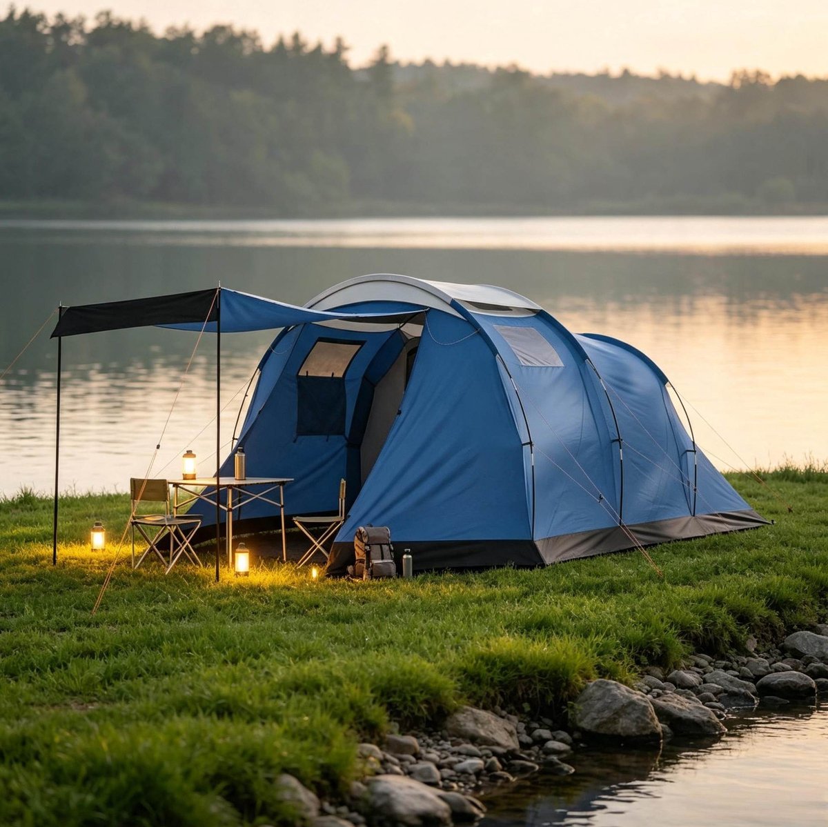 REDOM - Tunneltent - 4-persoons - Dubbele wand - Uitneembare buitentent - Kampeerstijl - Familiecamping - Polyester - Blauw - 460 x 260 x 190 cm