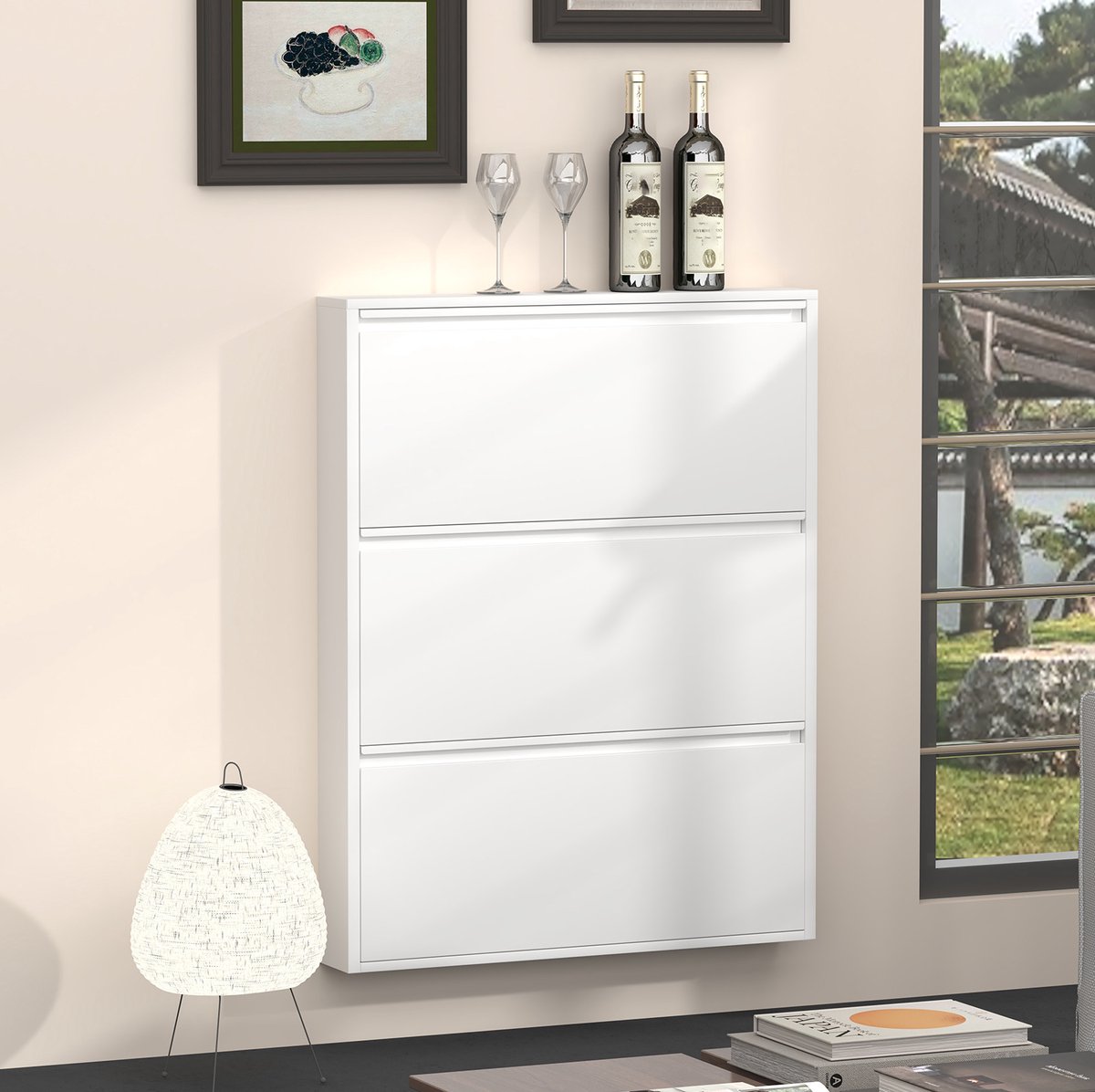 REDOM - Schoenenkast - 3 flip drawers - Hangend rek - Smal verborgen opbergrek - Voor entree en hal - Metaal - Wit - 80 x 15,2 x 109,25 cm