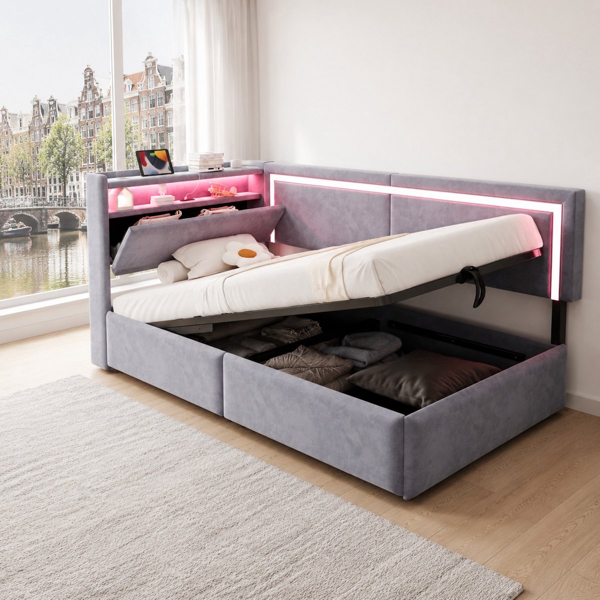 WUVRIE Slaapbank 90x200 cm met LED, USB en hydraulische opbergruimte, lichtgrijs Hellgrau
