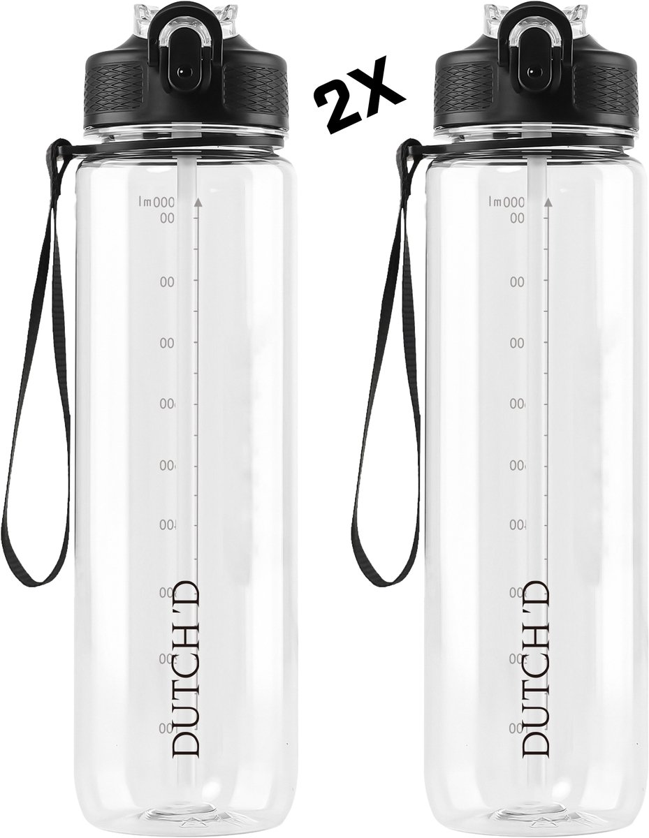 Dutch'D ® - Set van 2 stuks - 1 liter Drinkfles - Drinkfles met rietje - Waterfles - Transparant - Drinkfles Volwassenen - Lek Vrij - Cadeau voor haar/hem - Verschillende Drinkflessen en waterflessen - Drinkbeker - Sportfles - Drinkbus