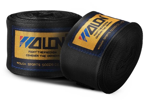Deux bandages de boxe noirs, chacun avec une étiquette jaune et bleue "WALON FIGHT THE PASSION CONQUER THE MOMENT WOLON SPORTS GOODS CO".