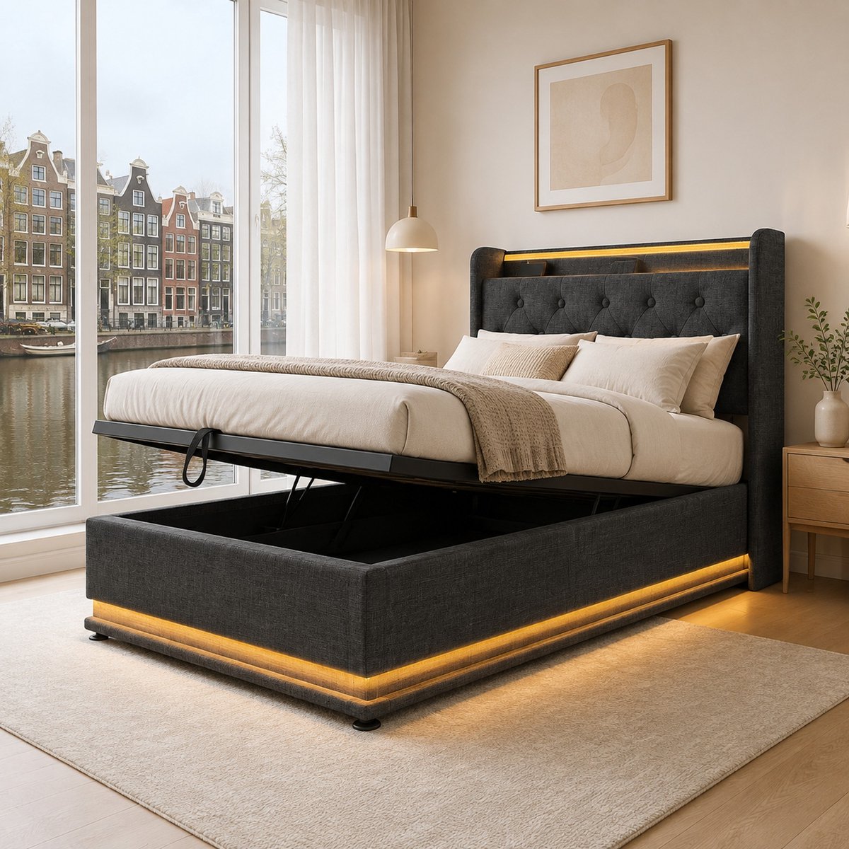 WUVRIE Polsterbett 90x200 cm, Hydraulisch opbergbaar, 360° LED-verlichting, USB-C, Grau Linnen - Zonder matras grijs